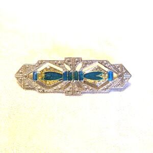 Vtg Art Deco Style Silvertone Brooch Turquoise Enamel Bowtie Design Scarf Pin
